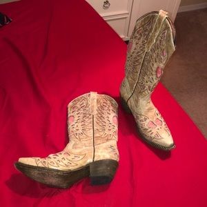 Pink and Tan Winged Heart Cowboy Boots